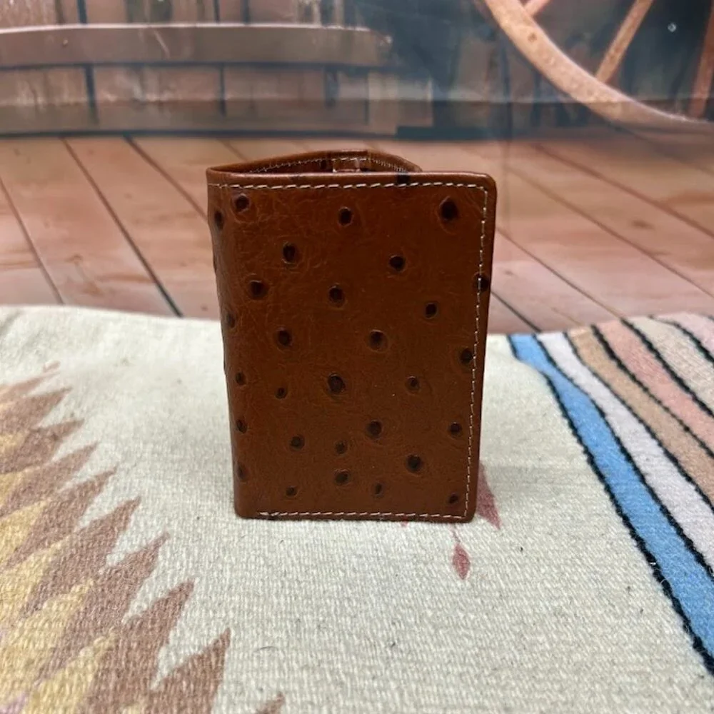 Brown Ostrich Print Leather Trifold Wallet